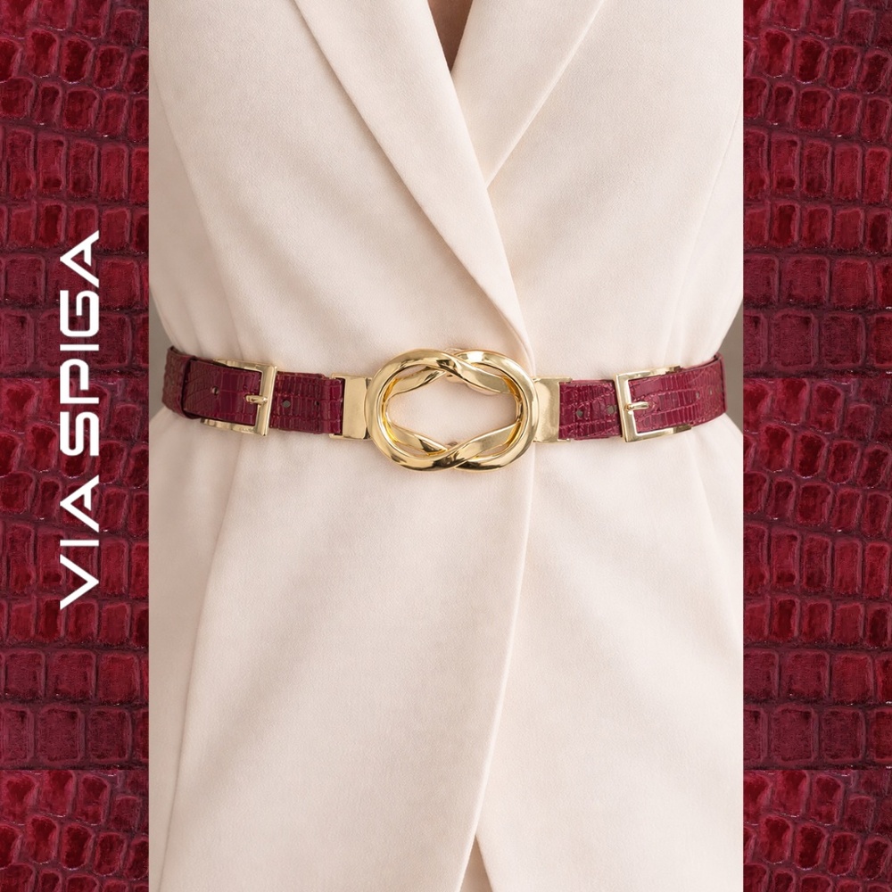 Via Spiga Burgundy Croc-Embossed Leather Belt with Gold Knot Buckle